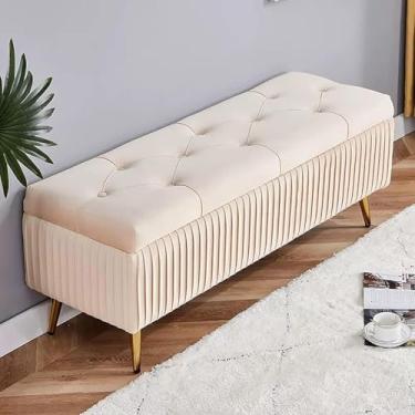 Imagem de Banco De Armazenamento De Veludo Com Pernas De Metal Dourado - Otomano Com Apoio Para Os Pés Com Botões E Armazenamento Para Sala De Estar Quarto - Banco De Fim, Beige, 80x40x45cm(31x16x18inch)