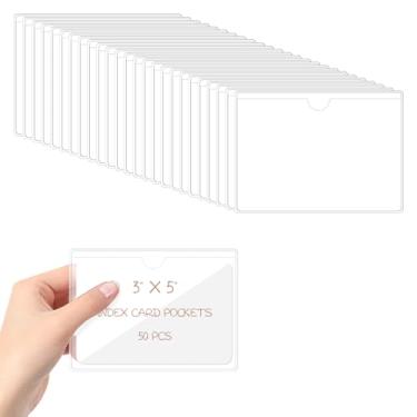 Imagem de Fanmayhe Pacote com 50 bolsos adesivos transparentes, bolsos para cartão de índice de 7,6 cm x 12,7 cm com abertura superior para carregar porta-cartões, etiquetas transparentes de plástico para