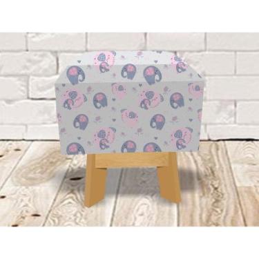 Imagem de Banquinho Estofado Puff De madeira Tecido Elefantinhos Família - Fabri
