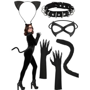 Imagem de Acessórios de fantasia de gato para mulheres, orelhas de gato, faixa de cabeça, máscara de cauda, colar e luvas, conjunto de roupas, acessórios de fantasia de Halloween, Preto, One Size