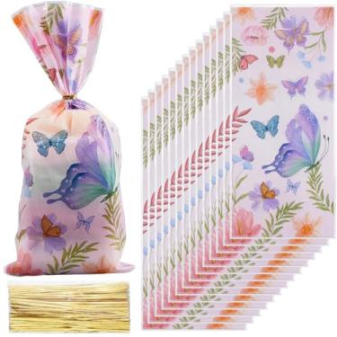 Imagem de SOFPLATE 100 peças de sacos de presente de celofane de 4,8 x 27 cm com estampa de flores naturais de primavera média pacotes de doces para festa de aniversário, casamento, celebração do dia das mães