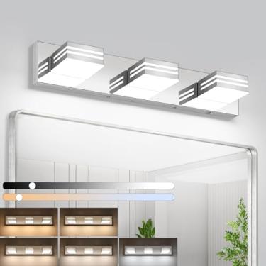 Imagem de Liilokte Luminárias modernas de LED para banheiro (3 luzes, 61 cm) (5 CCT, regulável), luminárias de parede de banheiro modernas cromadas sobre o espelho (3000K/3500K/4000K/5000K/6000K)