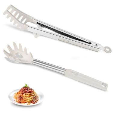 Imagem de Zattic Colher de espaguete de silicone e pinça de macarrão, servidor de colher de macarrão resistente ao calor, coador de espaguete sem BPA, garfo com dentes e cabo de aço inoxidável, clipe de grau