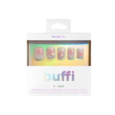 Imagem de BUFFI Unhas postiças de pressão You Dew You - Unhas postiças curtas squoval blush gelatinosa com pingentes 3D e design gradiente kit de unhas com cola de unha, lixa e ferramentas de preparação - Unhas