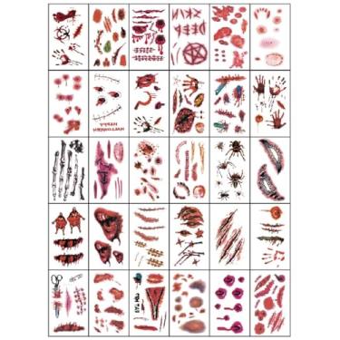 Imagem de YouNuo 30 folhas de tatuagens temporárias de Halloween, adesivos de tatuagem de zumbi para cicatriz de horror, ferimento falso sangrento realista para festa à fantasia do Chucky, mulheres e homens, à