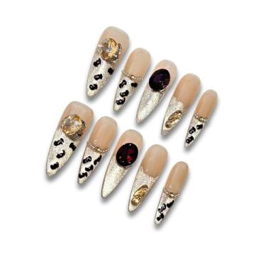 Imagem de Yabonica 10 peças de unhas postiças de luxo com pontas francesas com cola, estilete longo feito à mão, bastão natural nas unhas, cola de strass com design de berloque para mulheres (055 grande)