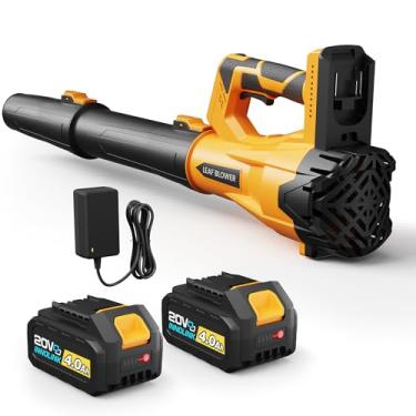Imagem de Soprador de folhas sem fio com 6 velocidades de vento ajustáveis, sopradores de folhas elétricos potentes com 2 baterias de 4,0 Ah e carregador, limpador de folhas portátil leve para cuidados com o