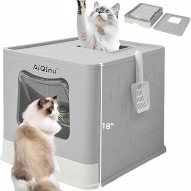 Imagem de Caixa de areia dobrável para gatos com tampa e colher, caixa de areia grande fechada GG com gabinete de alta face para gatos grandes, anti-vazamento, não pegajoso, sem cheiro, fácil limpeza (XX-grande