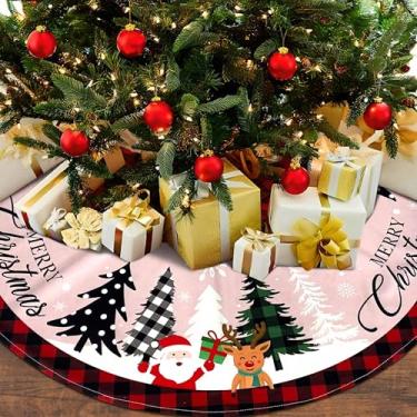 Imagem de Saia xadrez para árvore de Natal de búfalo, 91 cm, decoração de Natal de Papai Noel, rena, floco de neve, tapete de árvore de Natal de inverno para decoração interna e externa