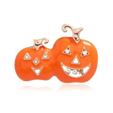 Imagem de Broche de abóbora com strass dourado esmaltado Dia das Bruxas Ação de Graças Planta Laranja Folha Verde Chique Broches de Cristal Alfinetes de Lapela para Mulheres Outono Outono Inverno Festival Natal