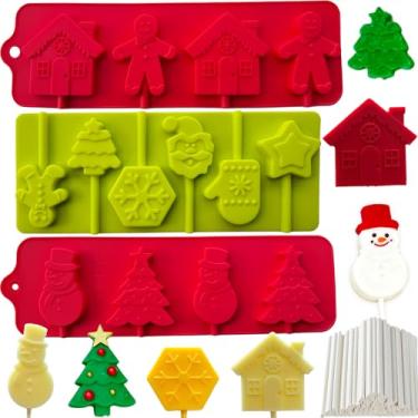 Imagem de Moldes de pirulito de Natal, pacote com 3 moldes de doces de Natal com pão de gengibre, árvore de Natal, floco de neve, molde de pirulito, moldes pop de bolo de Natal, moldes de sucção com 100 palitos