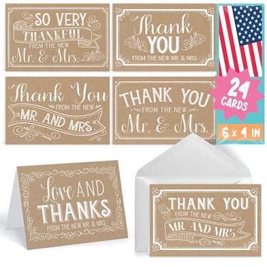 Imagem de 24 cartões de agradecimento de casamento rústicos com envelopes, elegante nota de agradecimento do novo Mr. & Mrs. Newlywed Kraft Country Gratitude Supplies, 4x6 personalizado Bulk So Grateful Stationery