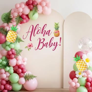 Imagem de Decorações de chá de bebê Aloha - Decalque de sinal de bebê TrinhGuo Aloha para fundo de arco de balão, decoração de festa de aniversário infantil com tema havaiano revelação de gênero para meninas