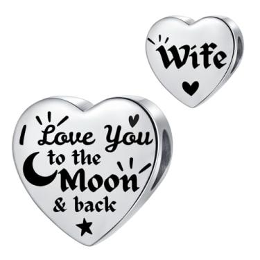 Imagem de MiiFort Pingente de coração prata para família com berloques Pandora "I Love You to the Moon and Back", contas de aniversário para mulheres, aço inoxidável, One Size, Aço inoxidável, Sem Pedra