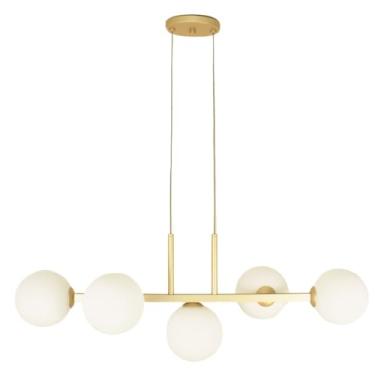 Imagem de Lustre Pendente Linear Moderno, 5 Globos de Vidro Fosco, Dourado, 70cm, G9 até 12W