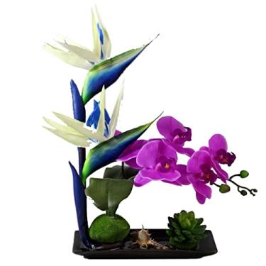 Imagem de DCYEQRQ Flores artificiais para decoração simulação bonsai artificial Phalaenopsis arranjos de flores falsas borboleta artificial orquídea flor com vaso de cerâmica flor artificial