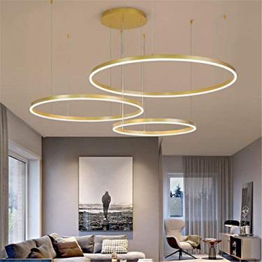 Imagem de RAUGAJ Lustre, luzes de teto, candeeiro de lustre LED moderno, luz pendente LED de metal de controlo remoto incondicional, candeeiro suspenso de teto anéis escovados, sala de estar, quarto