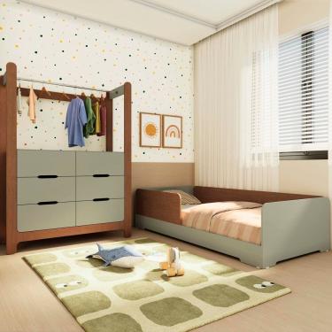 Imagem de Quarto Infantil Completo Guarda-Roupa Closet e Cama Solteiro Montessoriana 100% MDF Olivia e Mark Verti/ Castanho