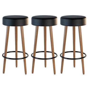 Imagem de Kit 03 Banquetas Cozinha Londres Estofada D-33 com Pés de Madeira Couríssimo Preto - Desk Design