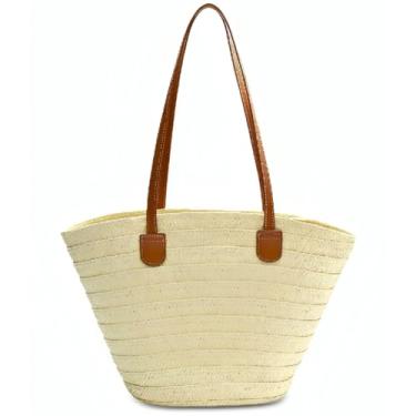Imagem de Bolsa Feminina De Palha Grande Moda Praia Verão Passeio Com Alça De Ombro Reforçada Estilosa Elegante Tedencia Verão Mar Piscina Piquinique Férias Bolsa De Palha Sintetica Luxuosa (Bege/Liso)