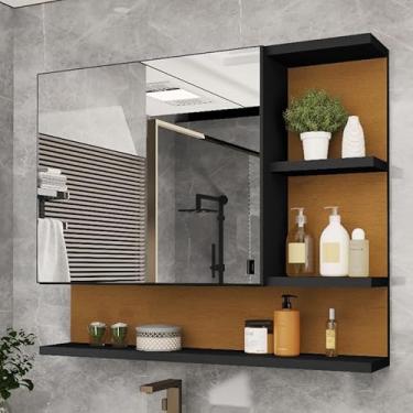 Imagem de Espelheira Armário para Banheiro com Porta e Espelho 60cm – MDF/MDP – Nicho Interno – Design Moderno (Preto/Nature)