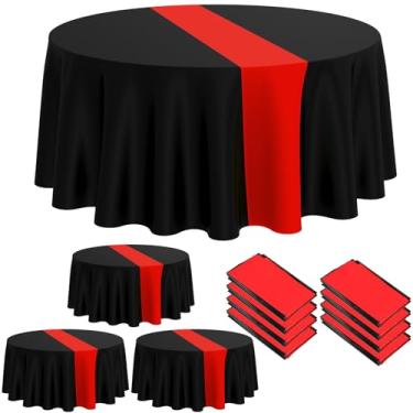 Imagem de Remagr 8 peças de toalha de mesa redonda de plástico descartável de 203 cm para decoração de Natal, casamento, aniversário, aposentadoria (preta, vermelha)