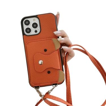 Imagem de Capa carteira crossbody com cordão para iPhone 14 13 12 Mini 11 Pro XS Max X 8 7 Plus com capa de couro com suporte para cartão, laranja, para iPhone 7Plus (8Plus)