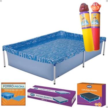 Imagem de Piscina 1500 Litros Quadrada com Capa e Forro + Lan?a Agua Brinquedo Infantil Kit (Amarelo Vermelho)