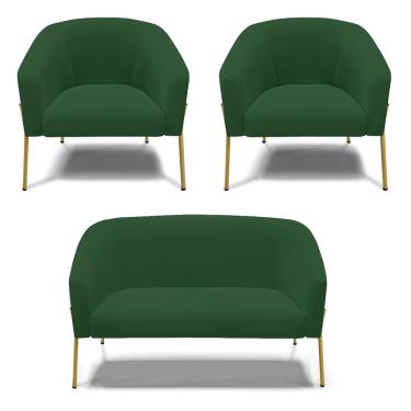 Imagem de Namoradeira e 2 Poltronas Pé de Ferro Dourado Stella Veludo Verde D03 - D'Rossi
