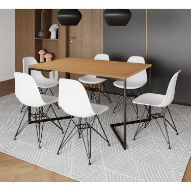 Imagem de Mesa Industrial Jantar Retangular 137X90Cm Canela Base V Com 6 Cadeiras Eames Eiffel Brancas Ferro P