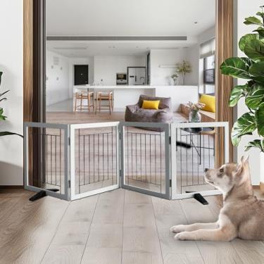 Imagem de ZJSF Portão interno independente para cães, cerca dobrável para portas, corredores ou escadas, portão extra largo de madeira resistente para animais de estimação com pés de apoio, cinza, 61 cm de