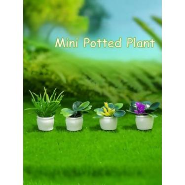 Imagem de 4 peças de mini estátuas artificiais de plantas em vaso, bonsai de plantas pequenas, vasos de flores falsas, planta simulada para jardim em miniatura, decoração ao ar livre, dia dos namorados