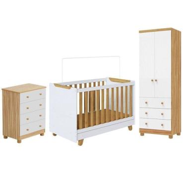 Imagem de Quarto de Bebê com Guarda-roupa 2 Portas Cômoda e Berço 4 Em1 Minicama 100% Mdf Mike Espresso Móveis Branco Brilho/Amêndoa