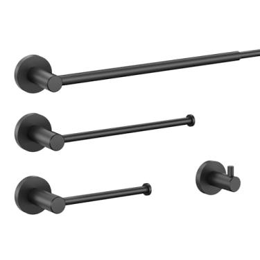 Imagem de RUMOSE Conjunto de acessórios de banheiro preto fosco de 4 peças (barra de toalha dupla ajustável de 38 a 63 cm, suporte de toalha de mão, suporte de papel higiênico, gancho) conjunto de ferragens