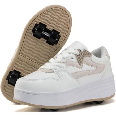 Imagem de ANEFUN Tênis esportivo infantil para meninos e meninas com rodas destacáveis, Branco/Cáqui, 13 Little Kid