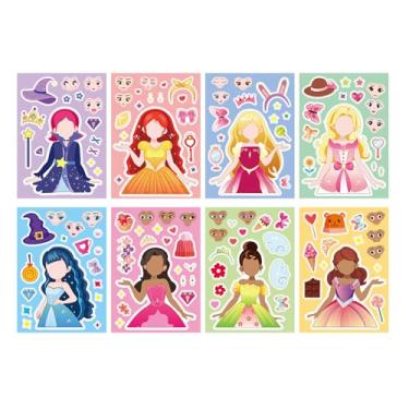 Imagem de 8 peças de adesivos bonitos de princesa Make A Face, adesivos para lembrancinhas de festa, arte, artesanato, jogos, prêmios de atividade escolar, adesivos à prova d'água para meninas, meninos