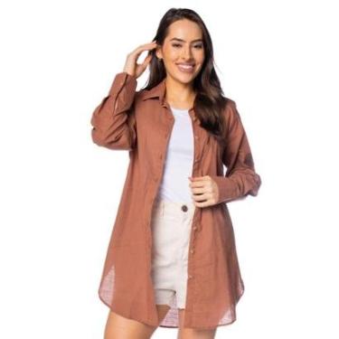 Imagem de Camisa Chemise Feminina Milani Alongada em Algodão Marrom-Feminino