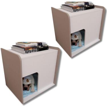 Imagem de Kit 2 Mesa De Cabeceira Cama Pet Cães 45x45x40 Branco E Nude