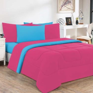 Imagem de Kit Edredom + Jogo De Lençol Malha 100% Algodão Gran Moratta 6 Peças Casal - Pink -azul Turquesa