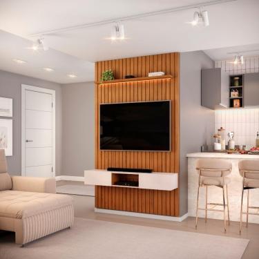 Imagem de Painel Para Tv Até 55 Polegadas 1,43m Ripado Autêntico Com Led E Nicho Montreal Madeirado/off White
