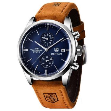 Imagem de Relógio De Quartzo Esportivo Masculino Benyar Luxo Impermeável Cronógrafo Marrom Azul