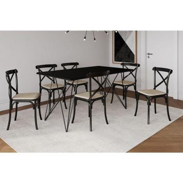 Imagem de Mesa De Jantar Industrial Com 6 Cadeiras Katrina Preto Trama Premium Preto 150 Cm - Preto