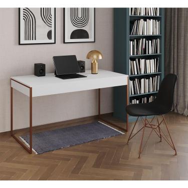 Imagem de Escrivaninha Industrial Escritório Branca Malta Com 1 Cadeira Eames Eiffel Preta Base Cobre Marrom