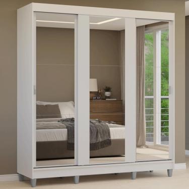 Imagem de Guarda-roupa Casal Com Pés 3 Portas De Correr De Espelho Branco Reno Madesa