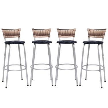 Imagem de Banqueta Altas Junco Cappuccino Estrutura Prata 70cm Para Balcão Cozinha, Bar, Bistrô, Americano Kit 04 Unidades - Itagold (Floral Preto)