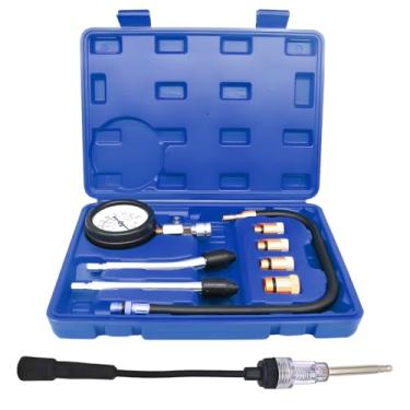 Imagem de Tuxihapp Kit testador de compressão de cilindro de motor a gasolina 9 peças com testador de vela de ignição, 0-20 bar e 0-300 PSI medidor de compressão ferramenta de teste de motor de carro e