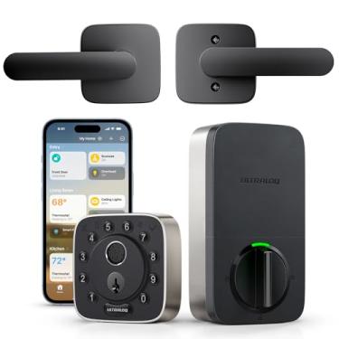 Imagem de ULTRALOQ Fechadura inteligente de impressão digital com alça, funciona com Apple Home, conjunto de fechadura de porta frontal WiFi integrada, fechadura biométrica com sensor de porta, controle remoto
