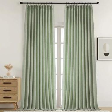 Imagem de Ebesto Cortinas plissadas extra largas verdes de 300 cm de comprimento, tecido texturizado de linho sintético, cortinas de filtragem de luz para sala de estar, porta de vidro deslizante, cortinas