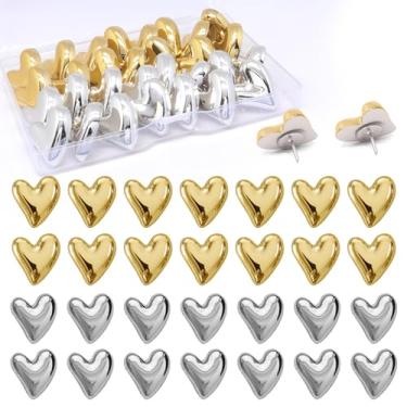 Imagem de GDFYMI 30 peças de tachas decorativas de polegar de coração para placa de cortiça (ouro/prata)