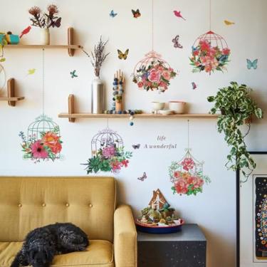 Imagem de Decalques de parede para pendurar flores e borboletas adesivos de parede em vaso para sala de estar, quarto, varanda, corredor, janela, porta de entrada, espelho, decoração